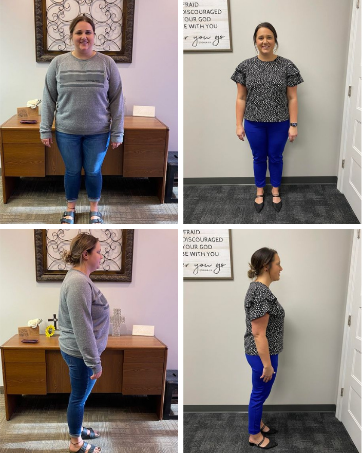 A woman in four different pictures of her weight loss.