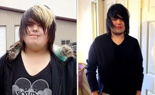 A before and after picture of a man with long hair.
