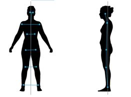 A woman standing next to another person with their body measurements drawn.