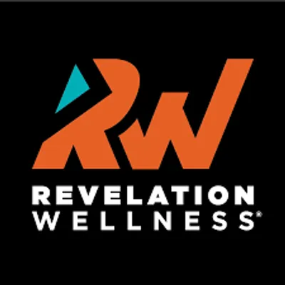 A black and orange logo for revelation wellness.